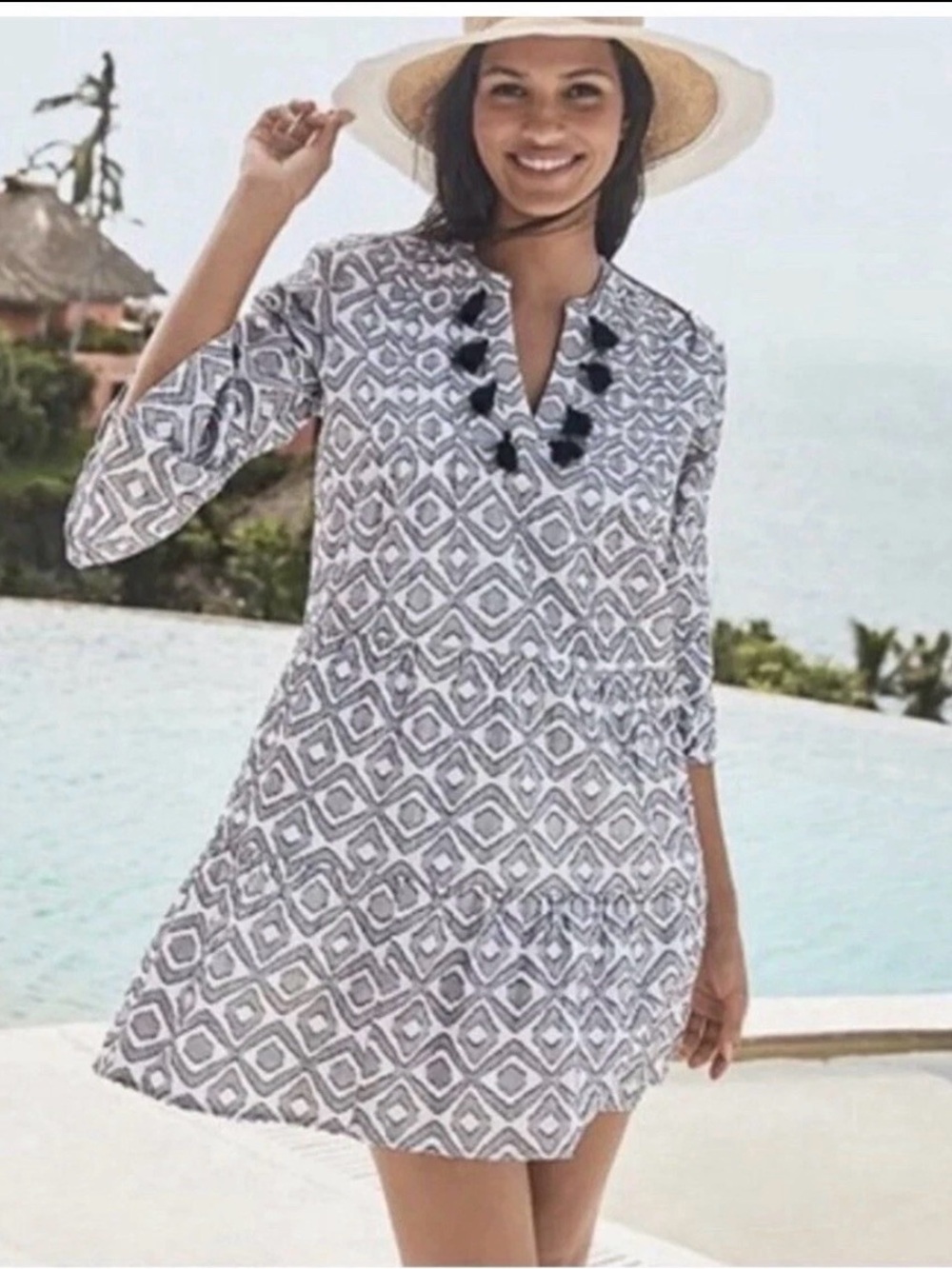 Tommy Bahama Black & White Embroidered Diamond Print Tassel Tiered Dress